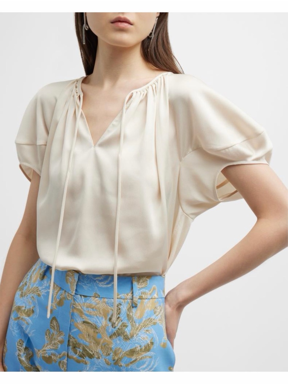 Lafayette 148 NY Puff Sleeve Tie Neck Blouse Cream Size M/L Pleated Satin